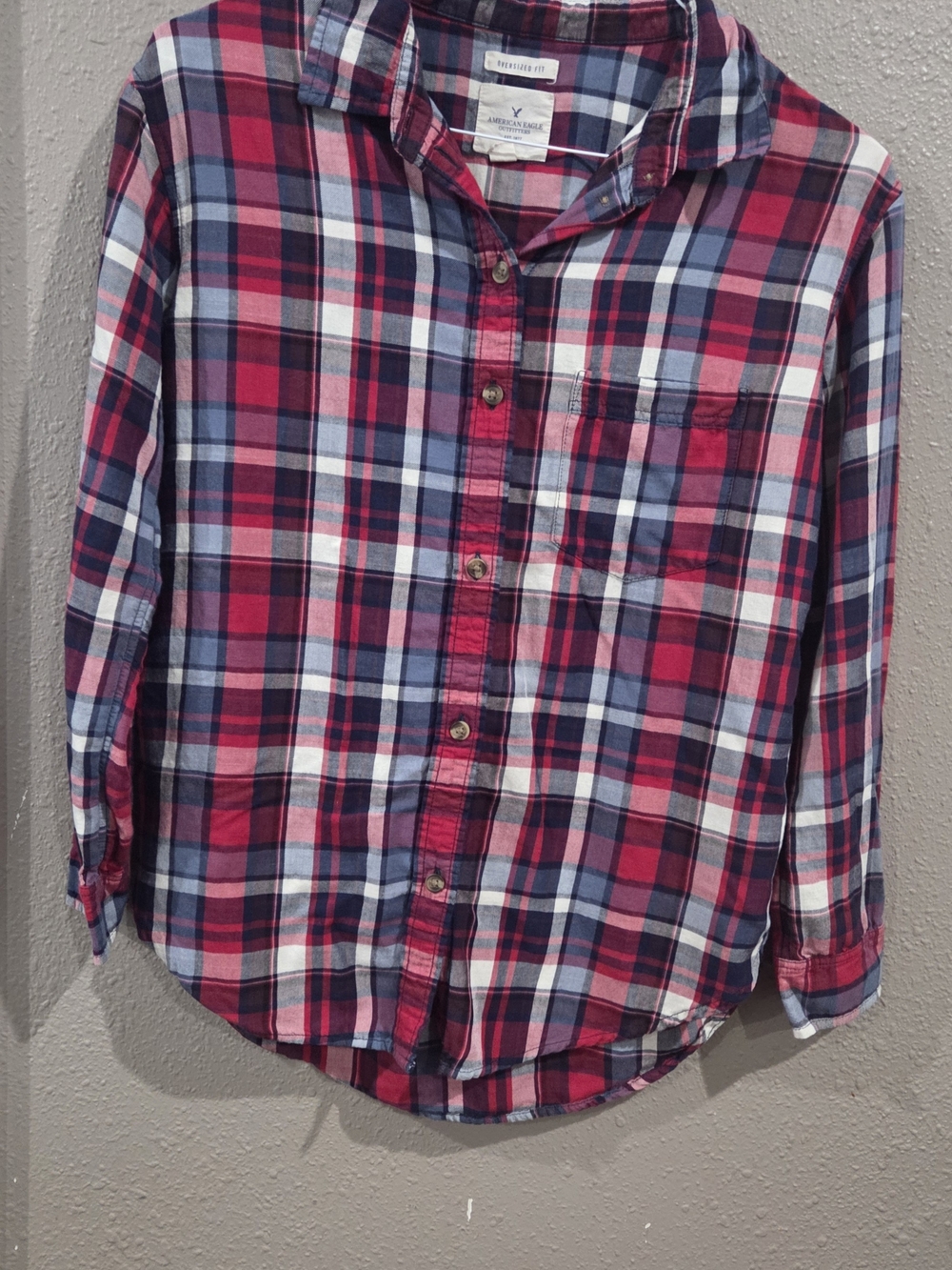 American Eagle Outfitters Red, Blue & White Plaid Button-Down Shirt